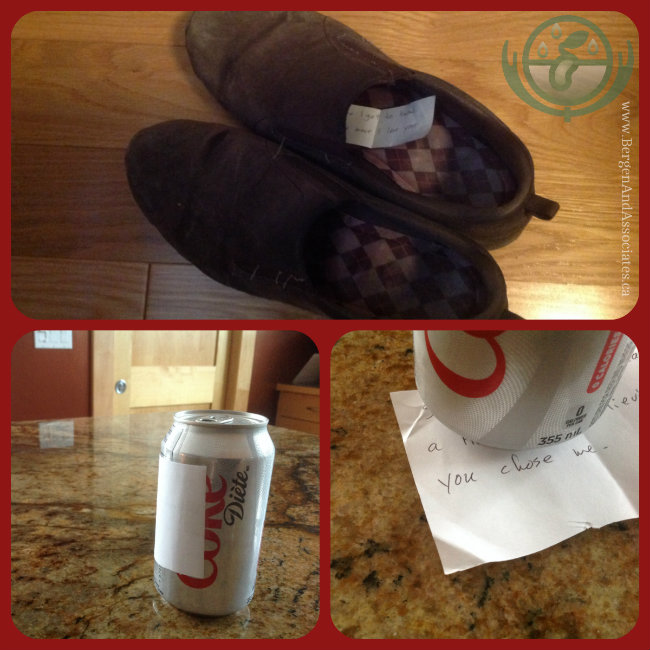 A collage of notes on a Diet Coke, in a shoe